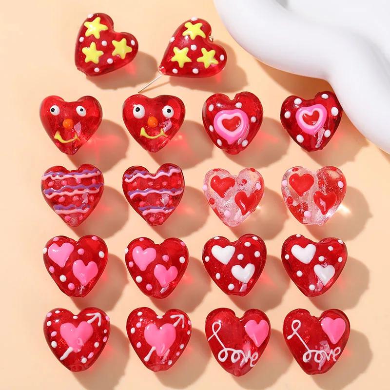 TX76 20mmx19mm 2pcs Cute Glass Petite Heart Beads DIY Straight Hole Exquisite Making Heart Love Red Handmade Bracelet Material