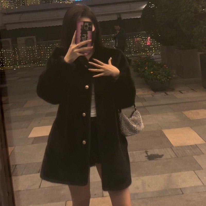 

Зимнее новое пальто из сладкого пушистого искусственного меха со стойкой, средней длины, приталенное, утолщенное, на хлопковой подкладке, модное L [130-72.5kg] чёрный