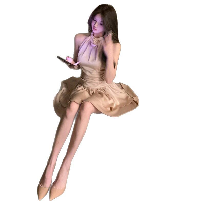 Elegant French Acetate Satin Halter Dress: Layered, Fluffy, Sleeveless Design for Birthdays