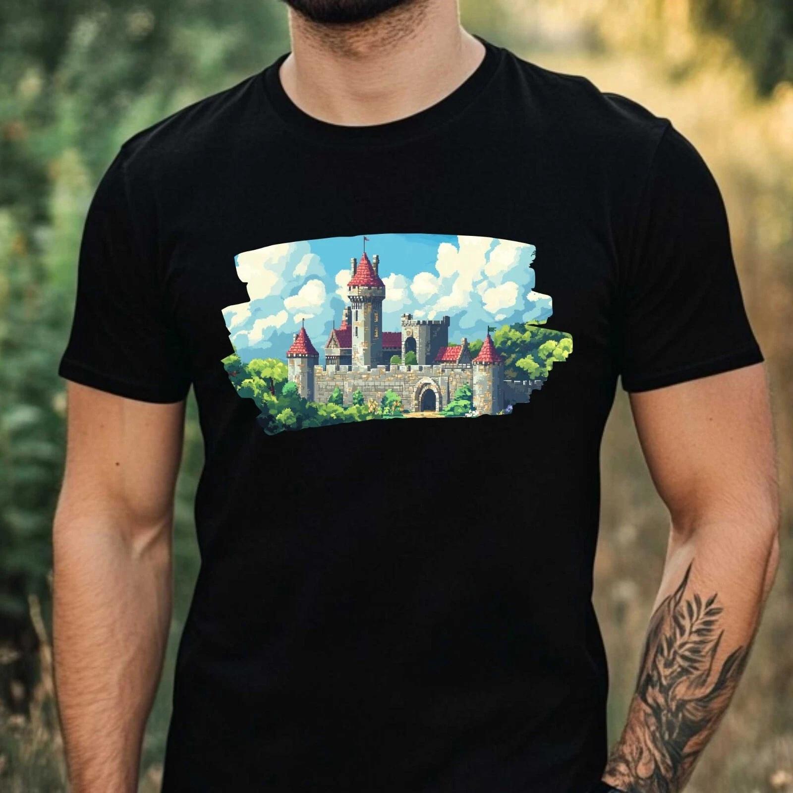 T-Shirt Herren Schloss Pixel Art Motiv Baumwolle Größe XS bis 5XL L