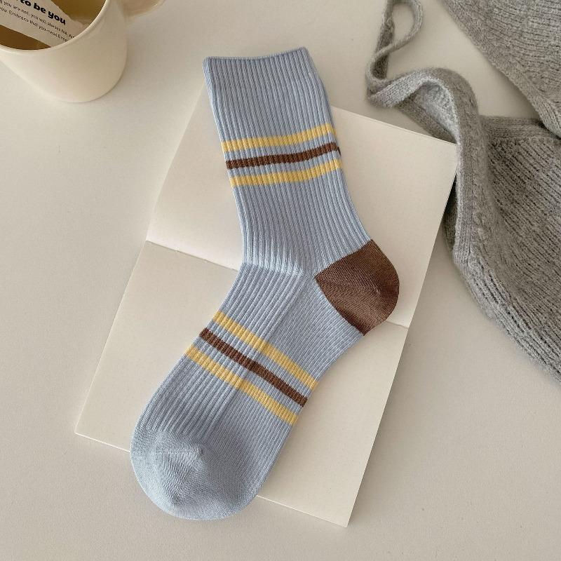 Autumn and Winter Micro-pressure Boneless Double-yarn Color-blocked Striped Socks, Pure Cotton Girls' School Style Comfortable Anti-pilling Pile Socks