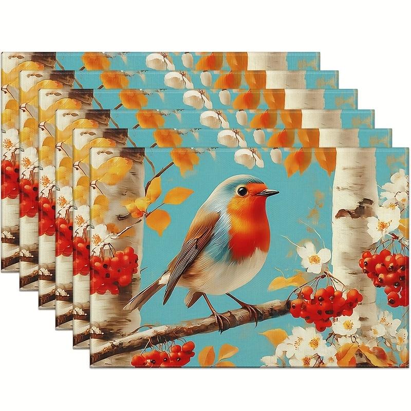4pcs/6pcs Birch Forest Bird Linen Placemats Suitable for Kitchen Dining Table Decor, Scandinavian Table Setting with Birch Bark Suitable for Parties,