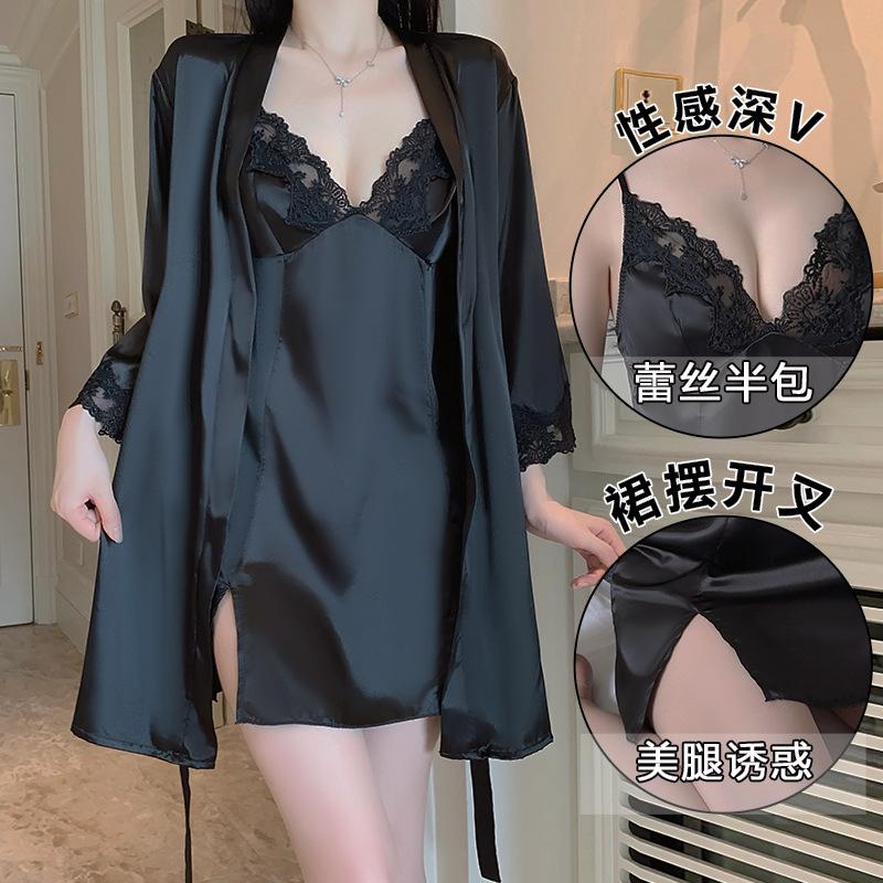 Women's Lace Deep V Slit Sleep Dress with Robe Lounge Set