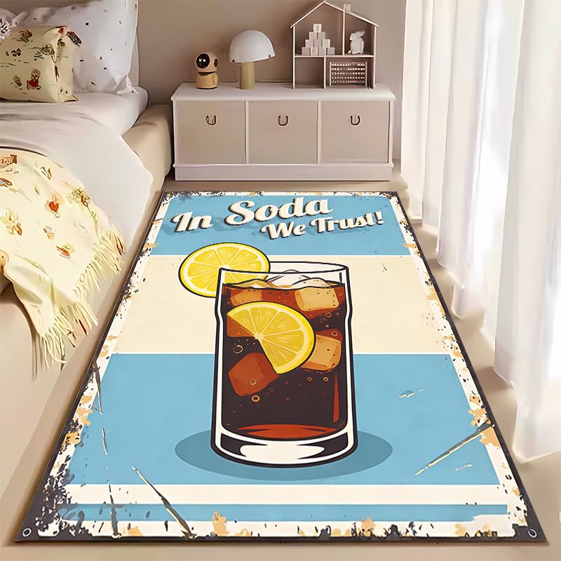 Retro Style Carpet with Soda Glass and Lemon Design Text Print Suitable for Use As an Anti-slip for Living Room Bedroom Sofas