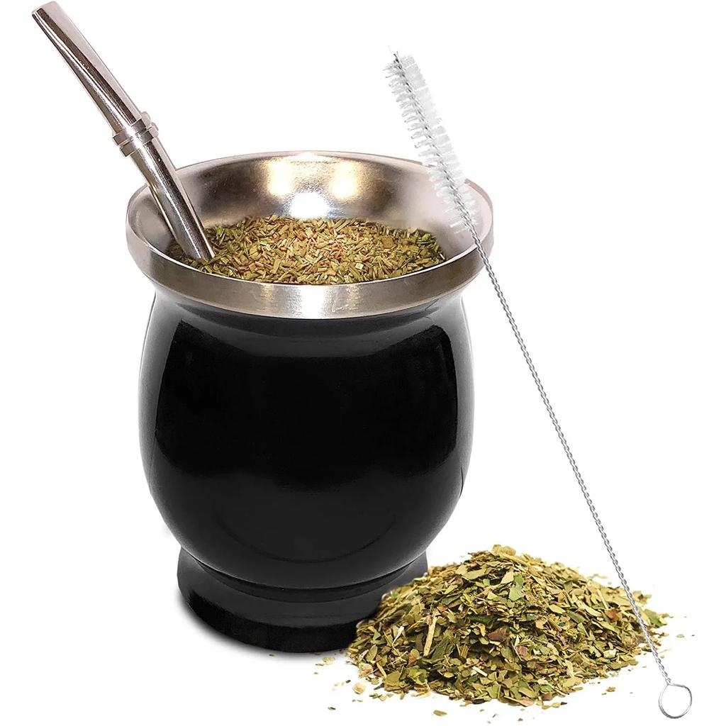 Yerba Mate Cup 304 Stainless Steel Double Wall 8oz Argentine Yerba Mate Gourd with Bombillas and Cleaning Brush