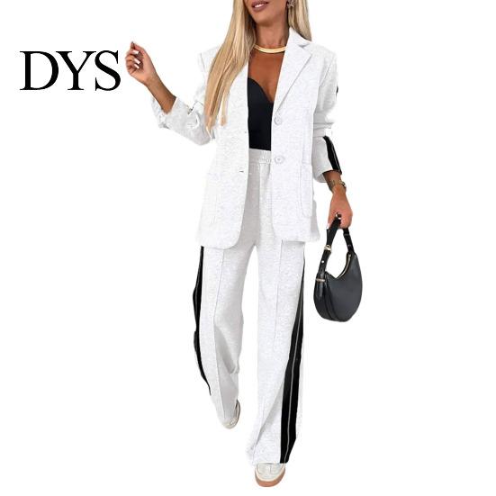 Women Coat Pants Suit 2 Pcs/Set Lady Formal Set Turn-down Collar Single-breasted Long Sleeves Button Decor Trousers Jacket Loose Striped Wide