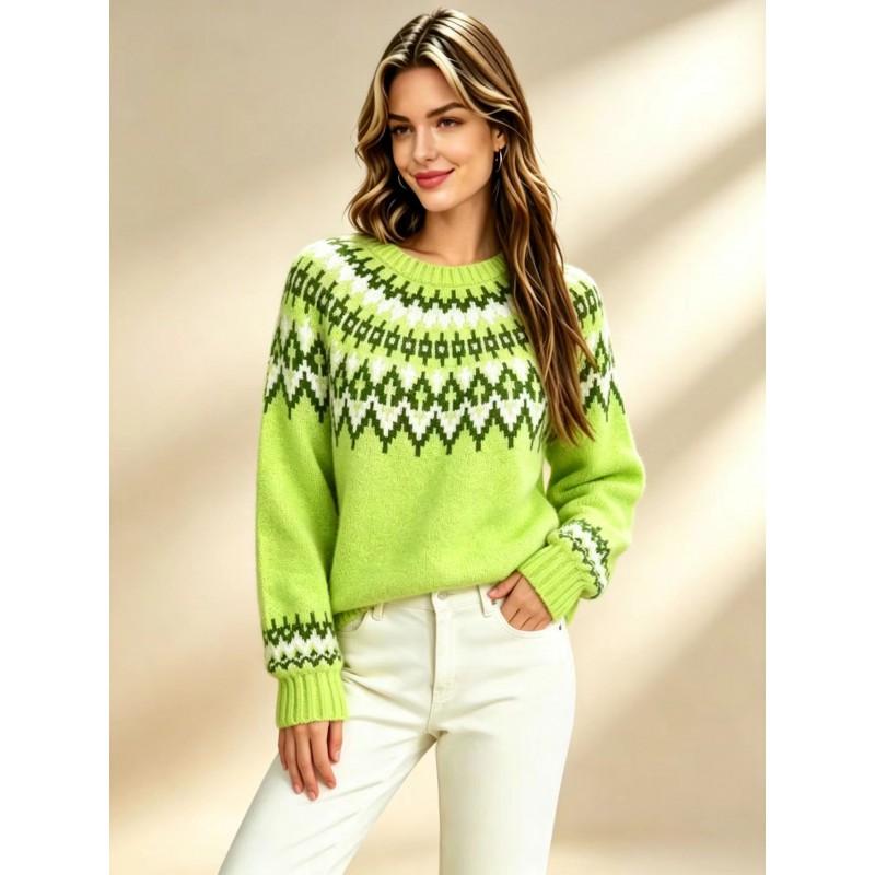 Womens Oversized Fair Isle Knit Sweater Loose Crew Neck Pullover Soft Wool Blend Fall Winter 2026