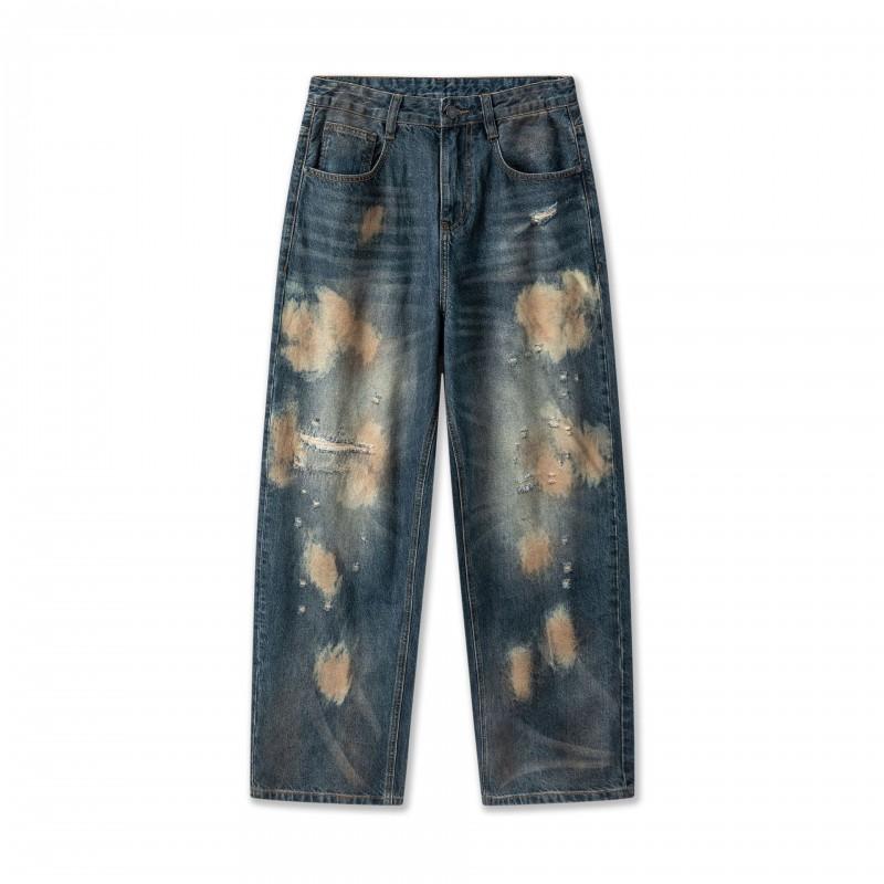 Vintage Distressed Wide Leg Jeans Men Retro Washed Straight Denim Pants Teens