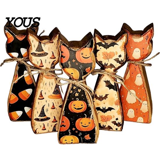 Country Style Holiday Room Ornaments Rustic Wooden Cat Ornament, Vintage Halloween/Flower Wood Tabletop Signs, Housewarming Gift Ideas Distressed