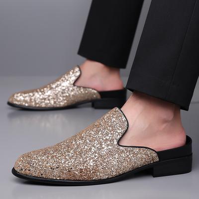 Fashion New Luxury Designer Men's Gold Sequin Patent Leather Half Shoes For Men Hip-hop Mules Sandals Casual Loafers Slippers