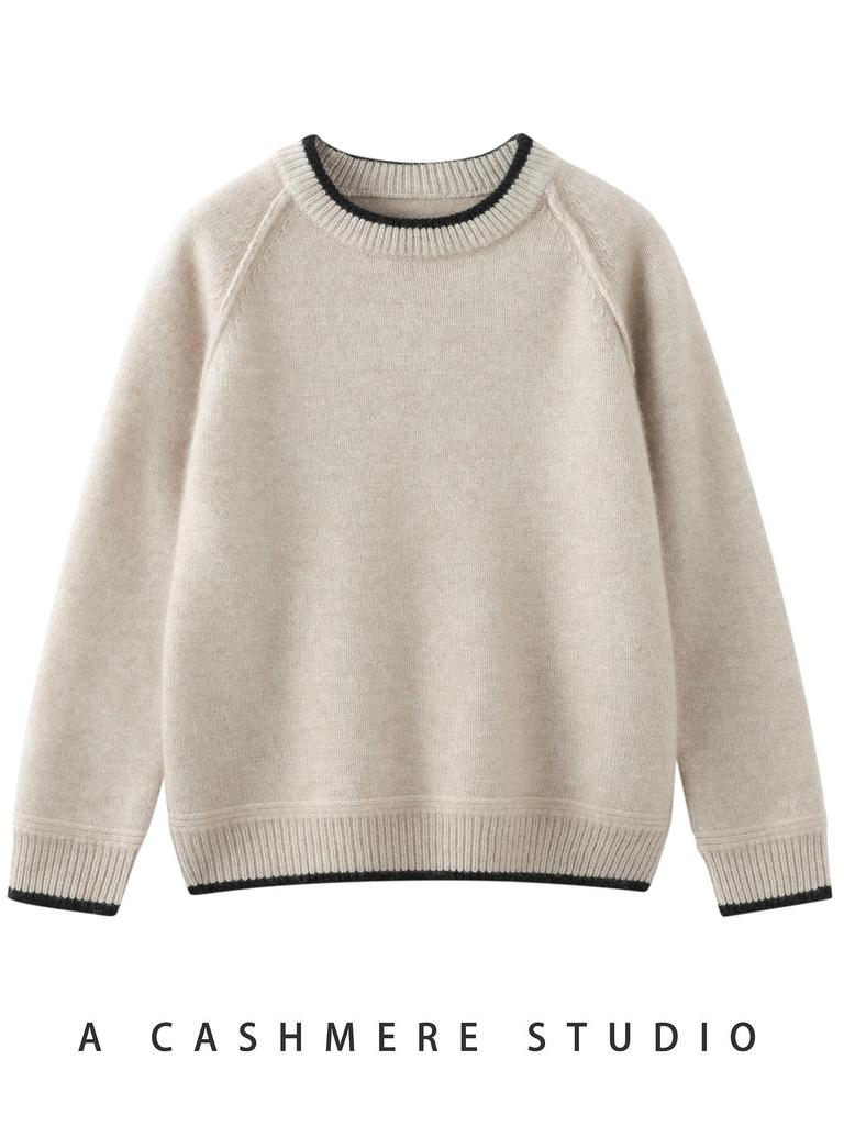 Children's Cashmere Sweater: Solid Color Girls' Knitwear & Color Block Boys' Round Neck Pullover