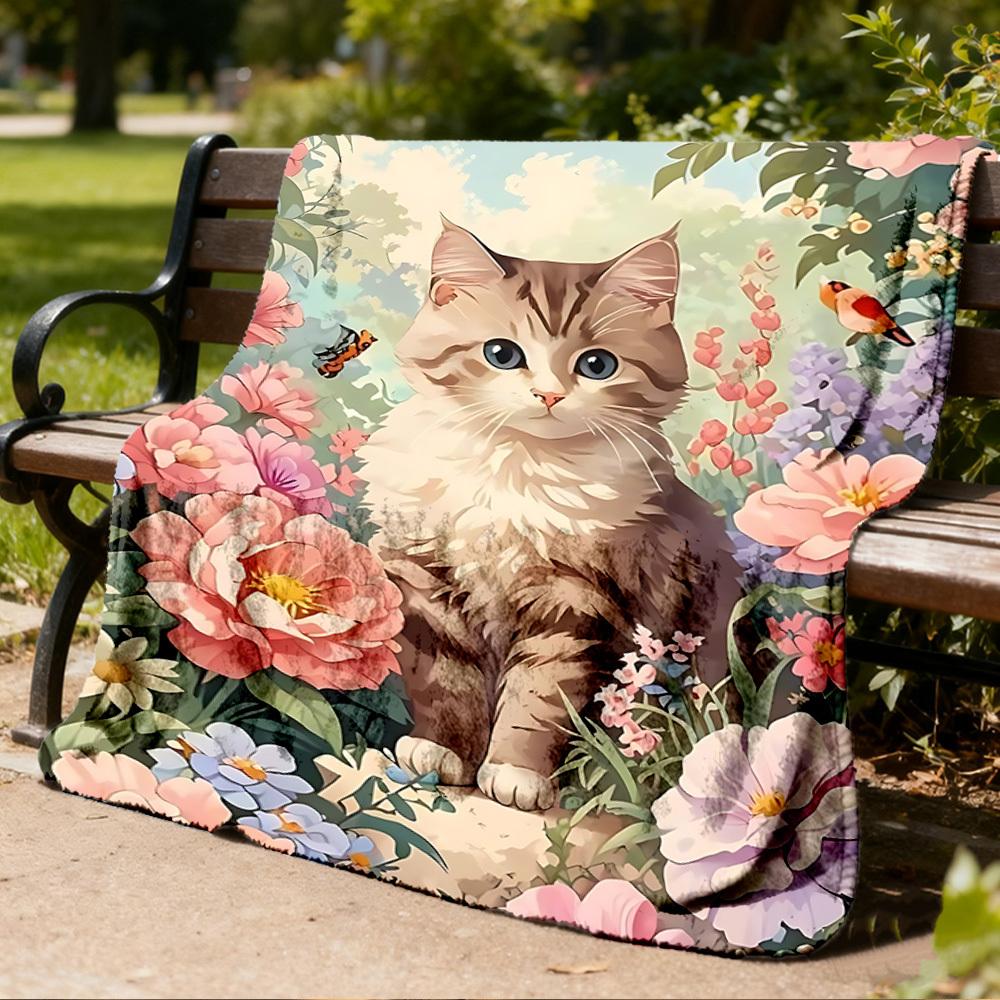 1pc Floral Garden Cat Outdoor Blanket - Soft Flannel Cozy for Travel & Camping - All-Season Warm Bed Cover, Machine Washable Yy251229065