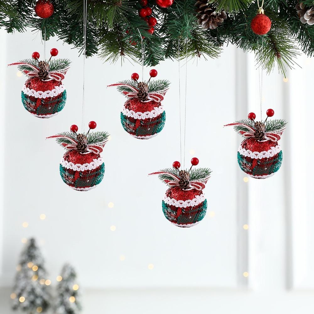 

6pcs with Berry Leaves Christmas Tree Ball Red Green Plaid Cloth Foam Ball Pendants New Year