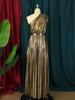Luxuriöses Elegantes Langes Maxi Partykleid Damen Ein Schulter Ärmellos Glänzend Metallic Plissiert Glitzernde Abendkleider Schimmernde Outfits