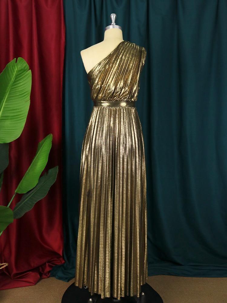 Luxuriöses Elegantes Langes Maxi Partykleid Damen Ein Schulter Ärmellos Glänzend Metallic Plissiert Glitzernde Abendkleider Schimmernde Outfits