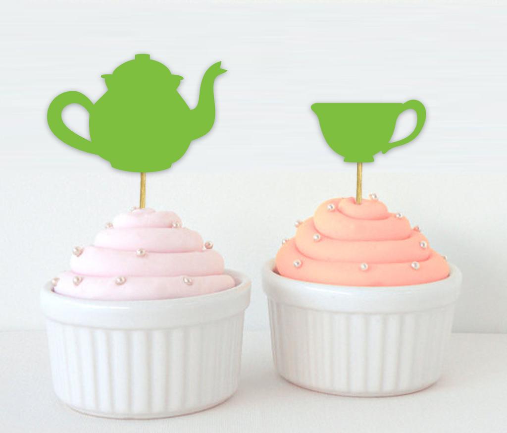 Darling Souvenir| Bridal Shower Tea Party Cupcake Topper| Birthday Dessert Decorations Tea Kettle Cup Cupcake Toppers - Pack Of