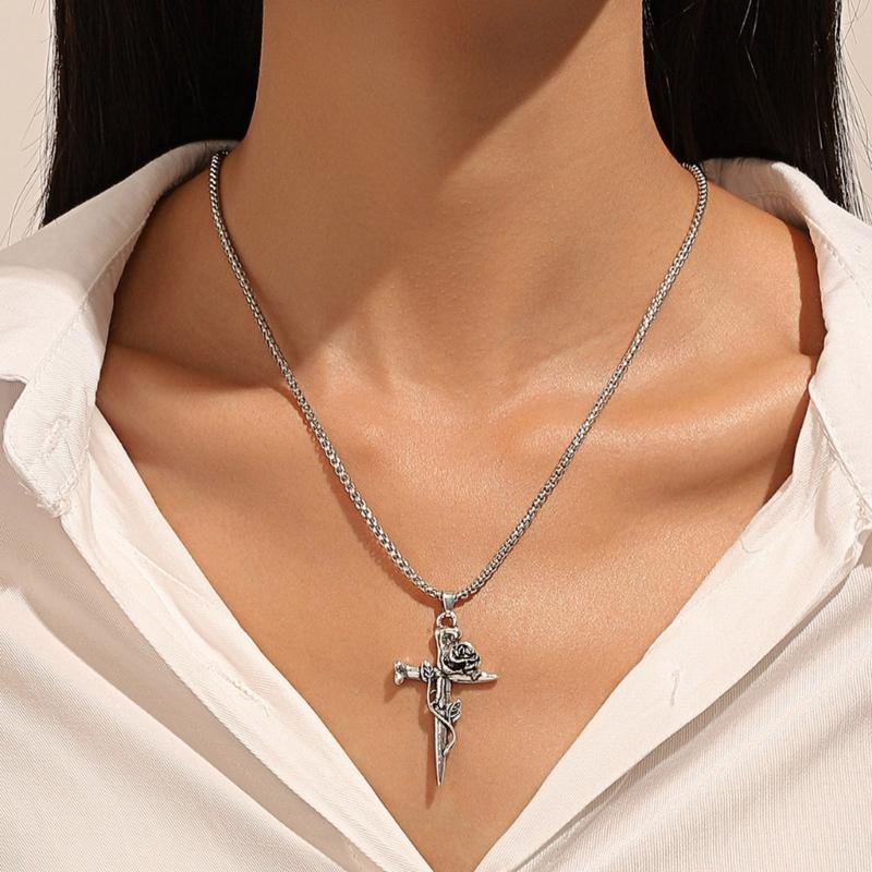 Alloy Rose Crucifix Pendant Necklace For Everyday Wear Religious Symbol Jewelry Gift With Adjustable Chain Design