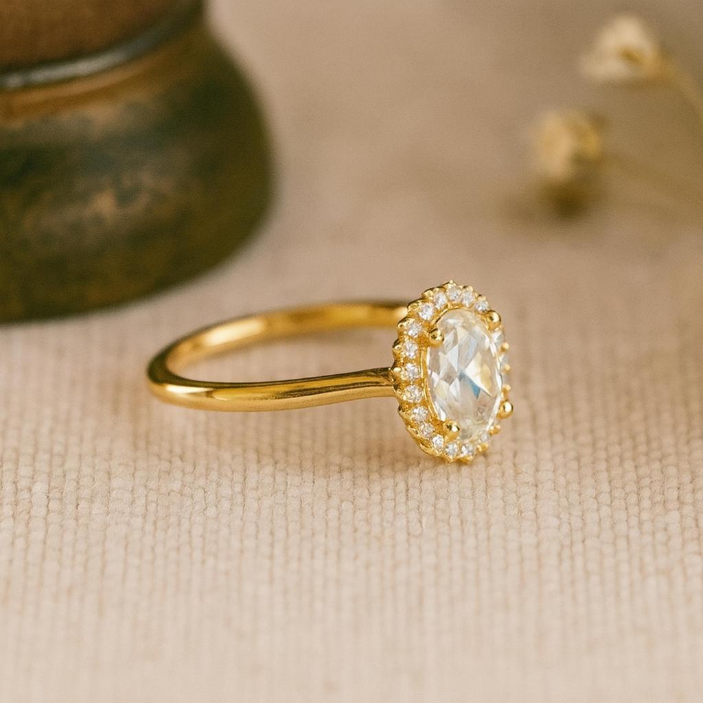 Oval Cut Cubic Zirconia Halo Ring for Women | Gold Plated 925 Sterling Silver Engagement Ring | Wedding, Promise, Anniversary Gift