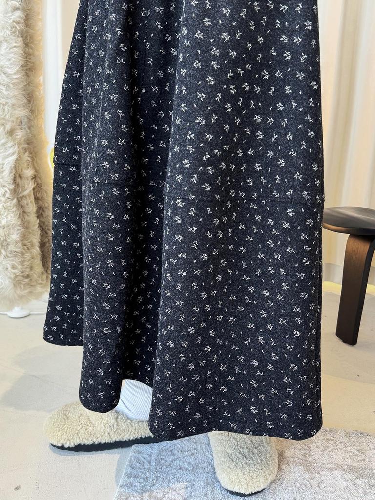 Louvre Winter Retro Floral Wool Tweed A-Line Midi Skirt for Women