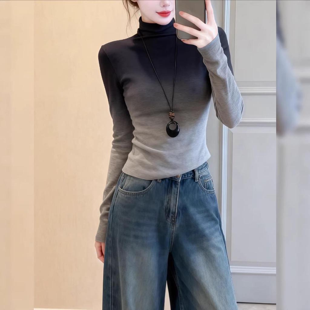 Gradient Half-High Neck Slim Fit Plus Size Women's Top - Autumn/Winter 2025 Fashion