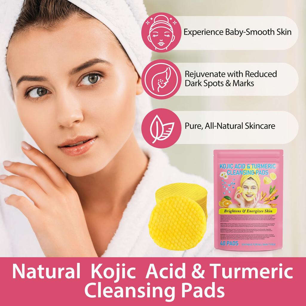 30/40PCS Turmeric Kojic Acid Cleansing Pad Pore Cleanser Makeup Remover Exfoliator Oil Control Brightening Smooth Facial Washing