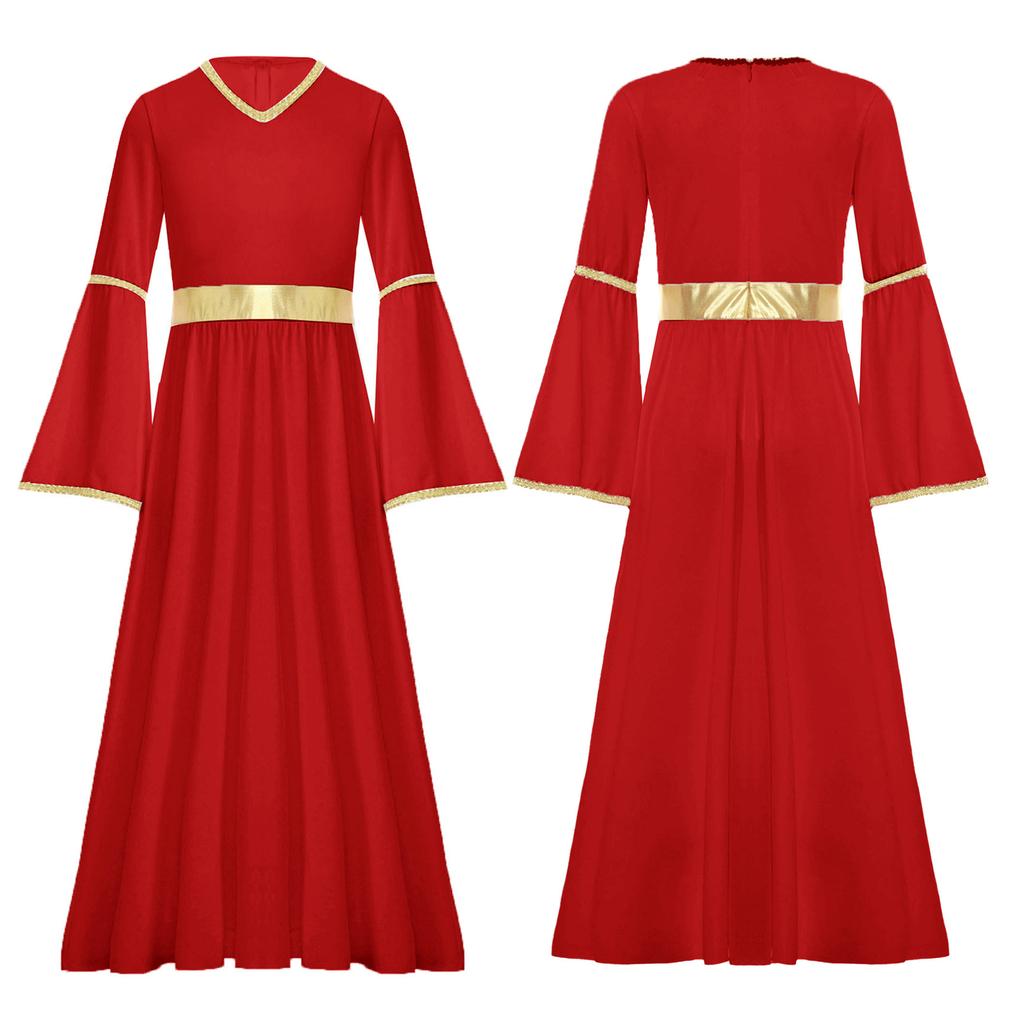 Girls Angel Costume Long Sleeve Gold Trim Patchwork Gown with Feather Accessories for Heavenly Cosplay Performances