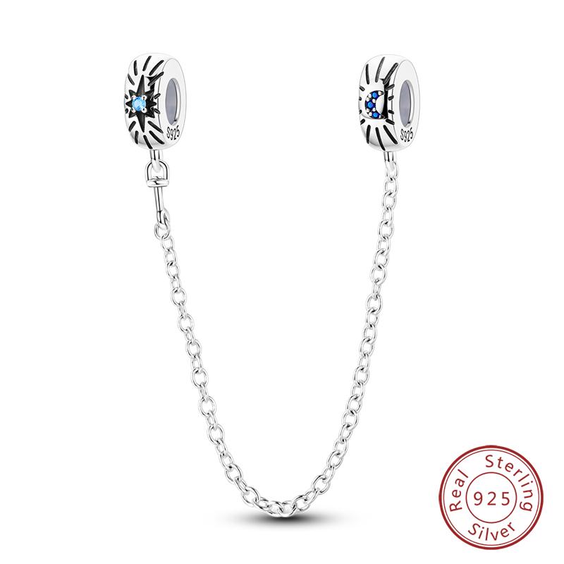 Real 925 Silver Stars & Moon Sunflower Safety Chains Spacer Beads Charms Fit Qikaola 925 Bracelets DIY Jewelry