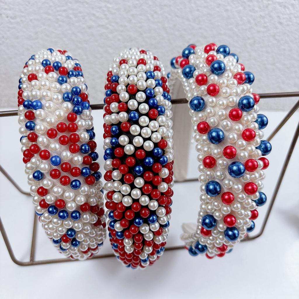New American Red Blue Pearl Headbands Full Pearl Chain Hairband Festival Hair Accessories Luxury Wide Colorful Beaded Hair Bands