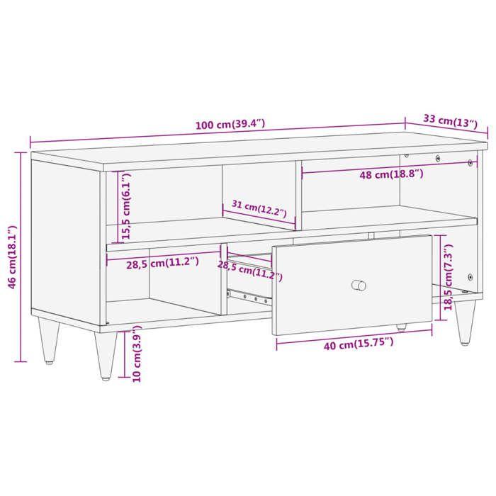 VidaXL Meuble TV 100x33x46 cm bois massif de manguier, support TV, armoire média, armoire hifi, unité TV, meuble multimédia, 358264