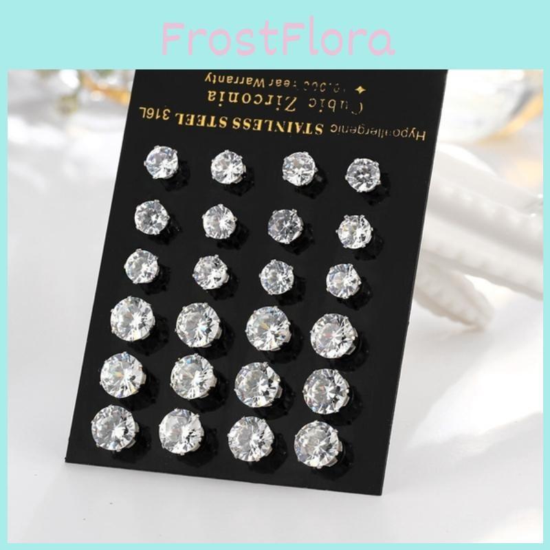 Womens 24pcs Cubic Exquisite Big Zircon Crystal Stud Earrings Sterling Silver