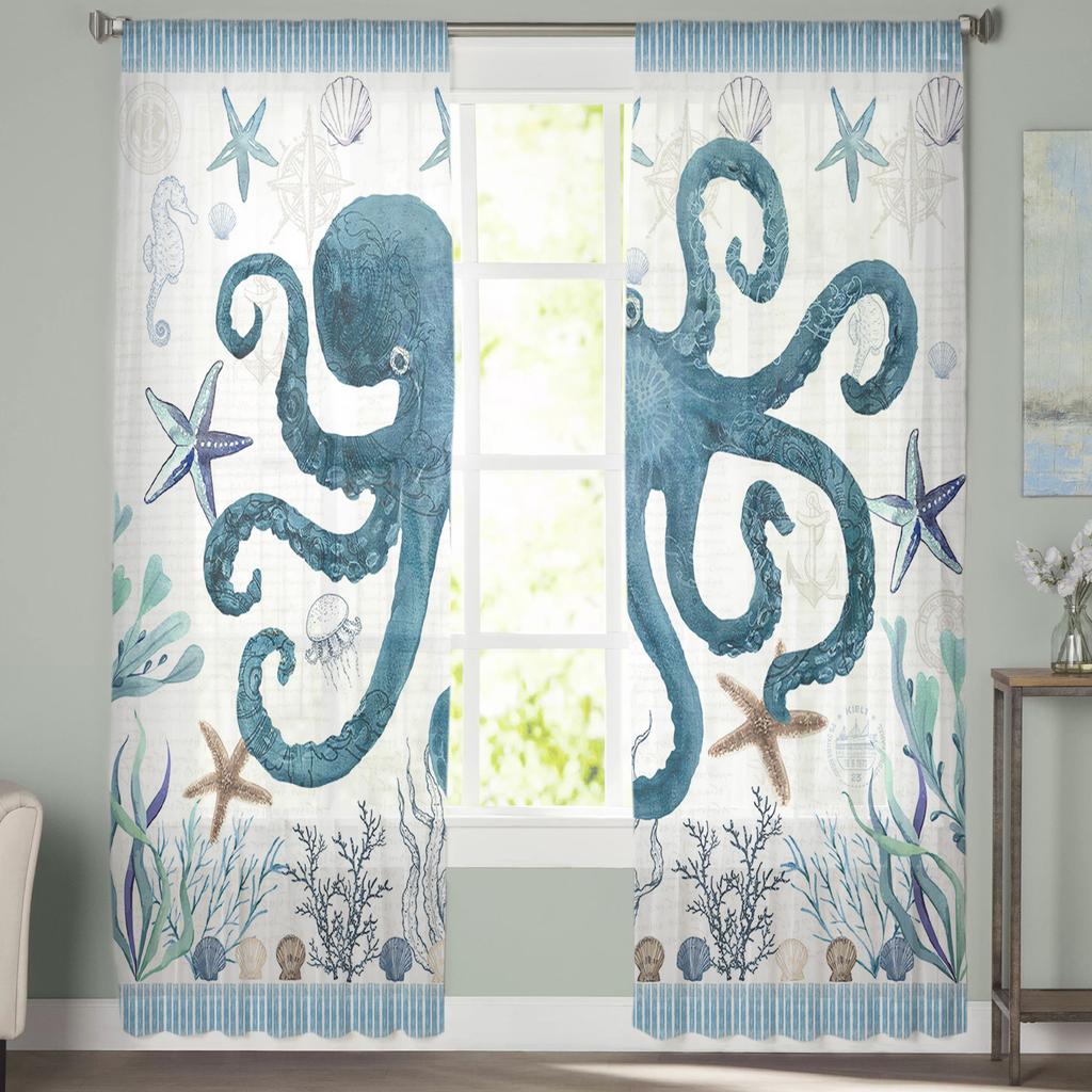 Ocean Stripes Seaweed Starfish Octopus Voile Sheer Curtains Living Room Window Tulle Curtain Kitchen Bedroom Drapes Home Decor