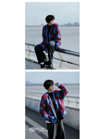 Men's Autumn/Winter Retro College Diamond Check Cardigan - Soft, Sticky, Trendy, Casual Knitted Style for Couples