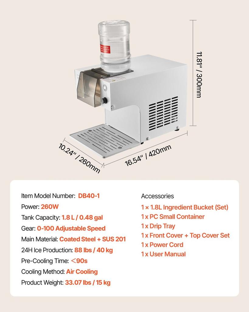 Snowflake Ice Machine, 40KG/24H Snowflake Ice Maker, Ice-Shaver Machine with Stainless Steel Blade, Electric Snow Cone Maker with 1.8L Tank, 90S Fast