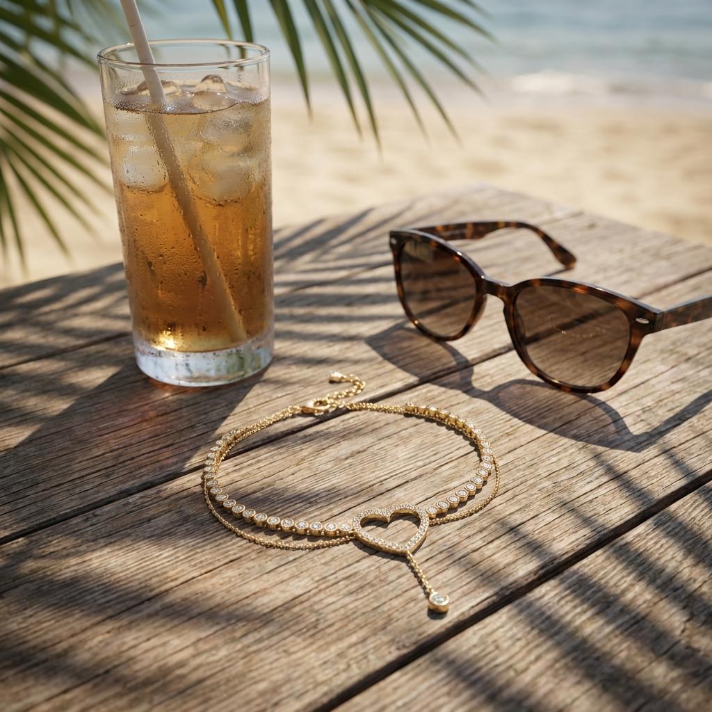Glitterende Strass Hol Hart Druppel Enkelband Dubbele Laag Voetketting Voor Vrouwen Zomer Strand Vakantie Sieraden