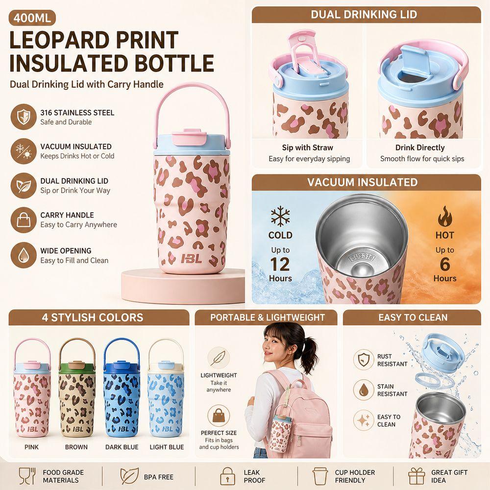 Dual Drinking Lid Insulated Water Bottle Leopard Print Portable Thermal Flask School Use