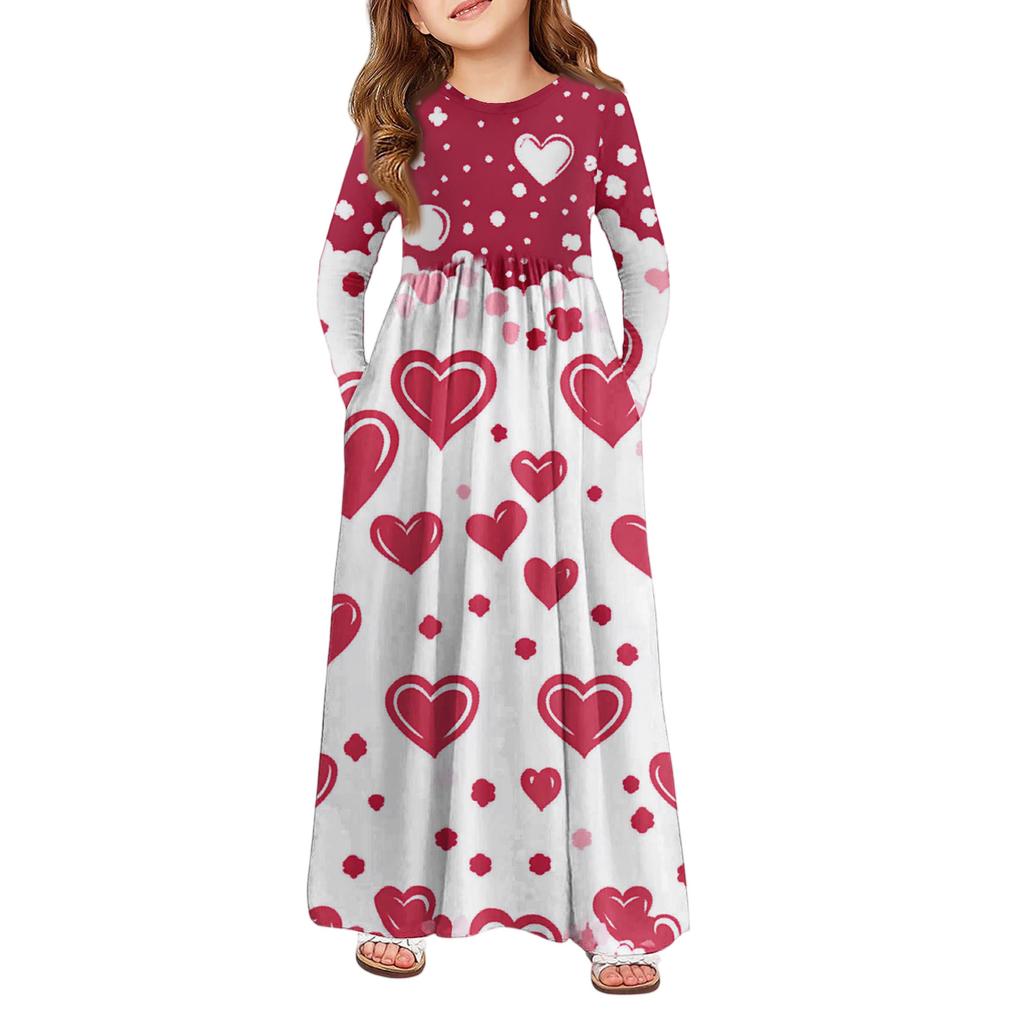 Mädchen Maxi Kleid - Langarm Taschenkleid Valentinstag