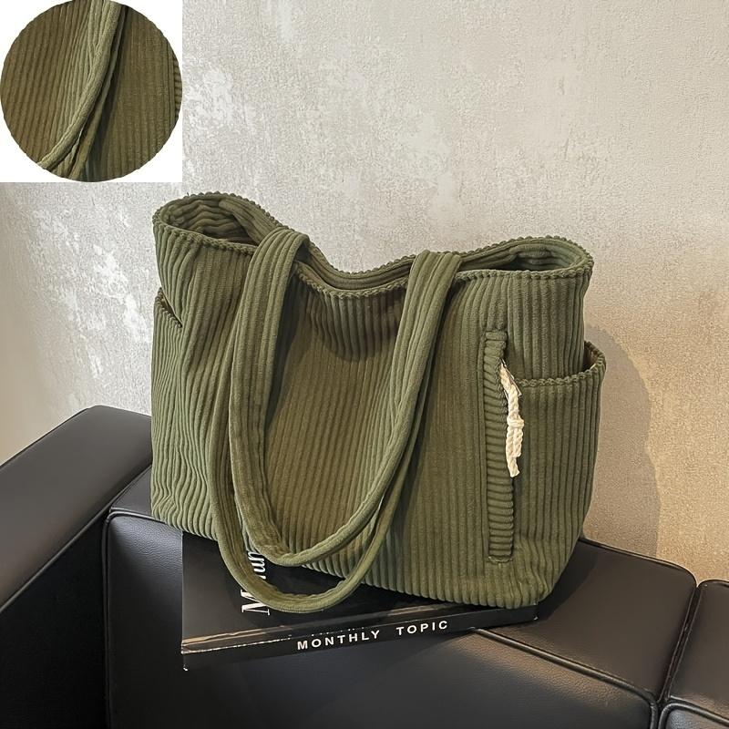 Women'S Corduroy Tote Bag,Versatile Handbag,Large Capacity,Multi-Pocket, Casual Everyday Use, Zipper Closure, Polyester Lined.