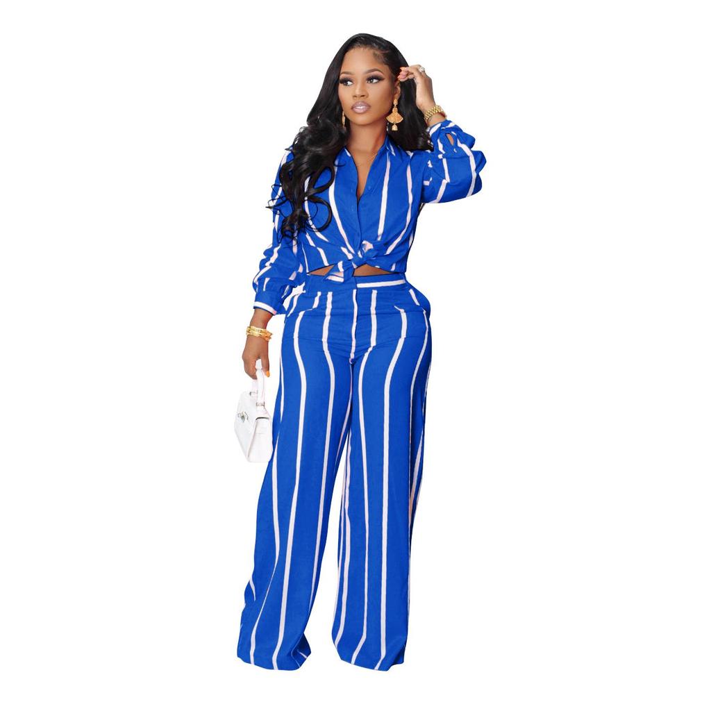 Women's Striped Printed Long-Sleeve Shirt Suit - Two-Piece Set