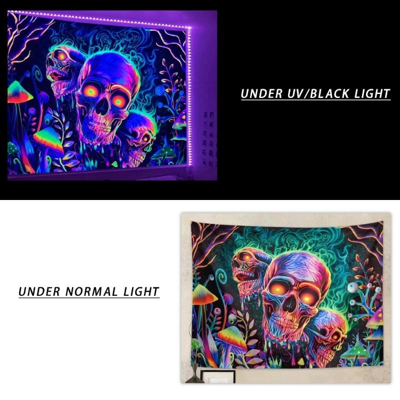 Skull Flower Uv Fluorescent Tapestry Needs Uv Illumination Aesthetic Decorative Wall Hanging For Bedroom