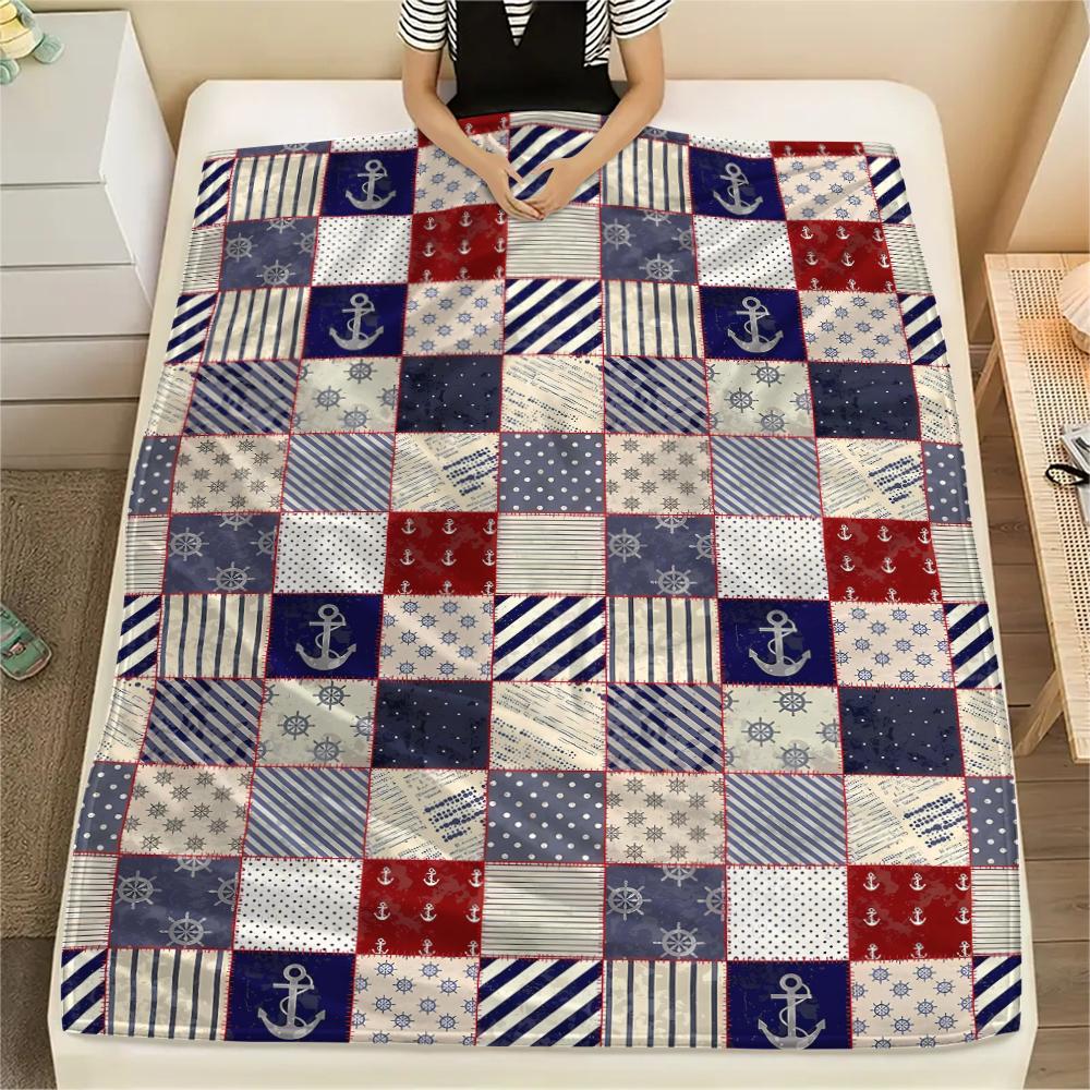 1Pc Nautical Print Flannel Blanket, High quality Comfortable for All Seasons, Home Decor, Warmth and Comfort, Perfect for Christmas Gifts