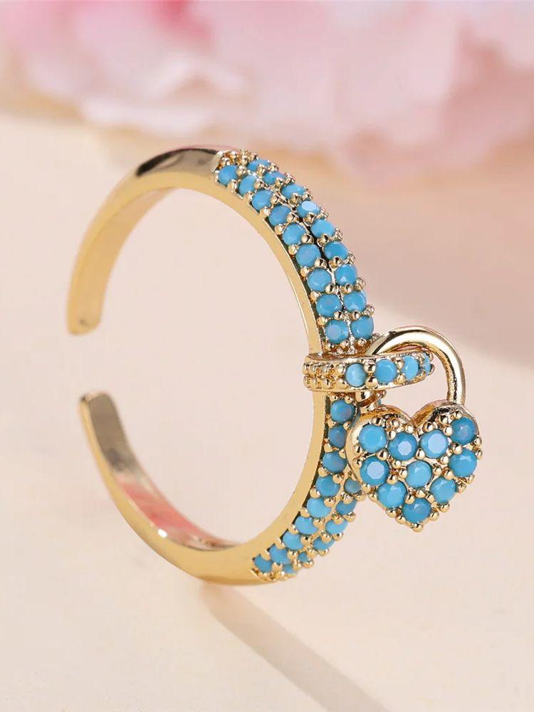 

Charm Female Water Blue Crytal Adjustable Love Heart Open Ring Gold Color Cute Gift Wedding For Women resizable