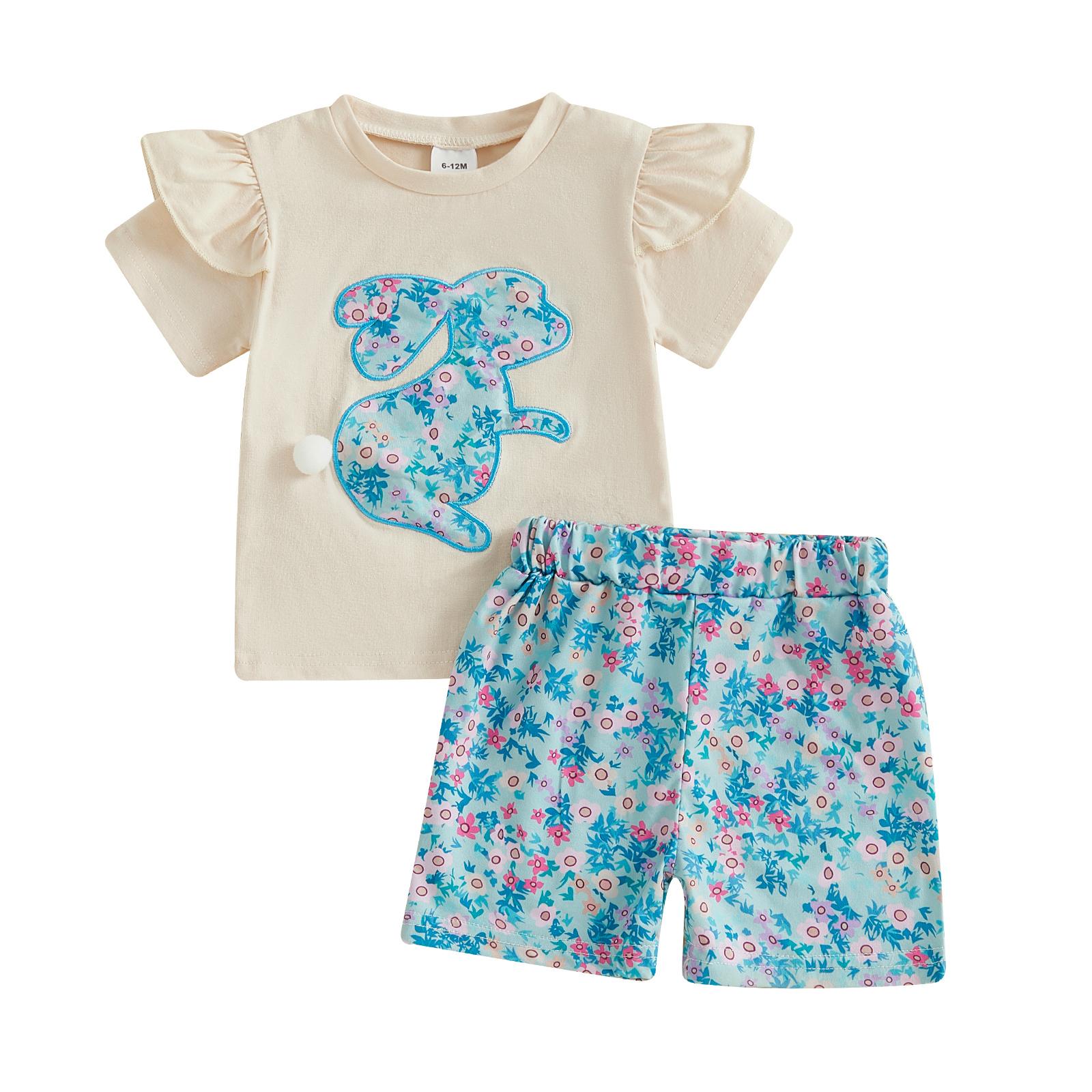 

Комплект из шорт для малышей-девочек на Пасху с цветочным узором и короткими рукавами, круглым вырезом, оборками, шортами на эластичном поясе 6-12 Months синий