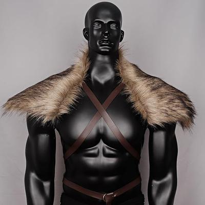 Man Medieval Faux Fur Cape Shoulder Cloak With Chest Strap Faux Fur Collar Retro Viking Fur Cape Halloween Cosplay Costume