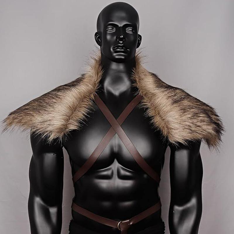 Man Medieval Faux Fur Cape Shoulder Cloak With Chest Strap Faux Fur Collar Retro Viking Fur Cape Halloween Cosplay Costume