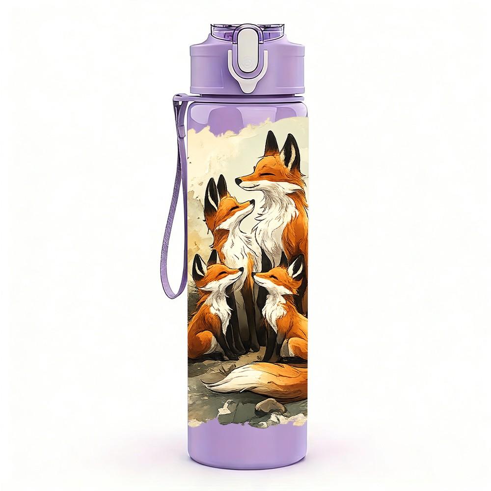 1 Stück Fuchswild Herbstwald Szene Druck 750ml Farbe Kunststoff Sport Wasserflasche Auslaufsicher Klappdeckel mit Strohhalm Geeignet für Sport Büro Heimgebrauch