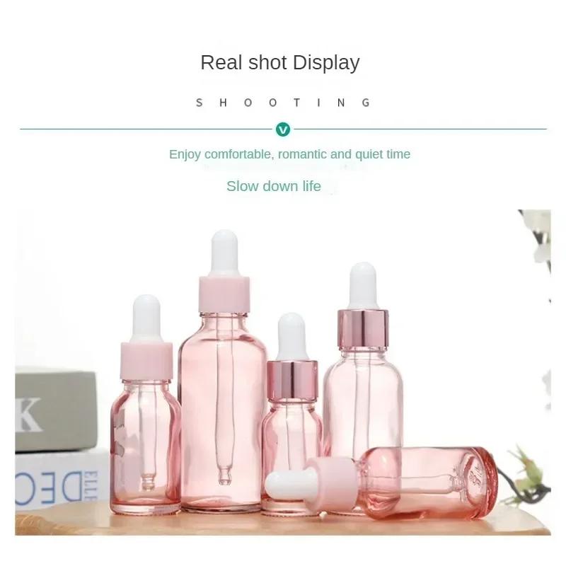 Flacons compte-gouttes rechargeables 5-100 ml avec couvercle rose, récipient cosmétique en verre rose, liquide d'aromathérapie pour pipette d'huile essentielle de massage