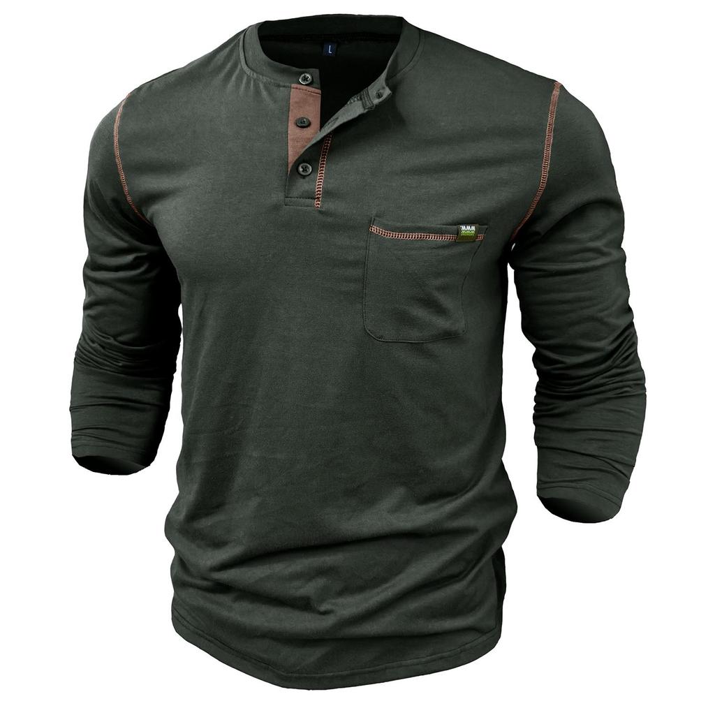 Men's Clothing Button down Shirts Long Sleeves Pullovers Knitted T-shirts In Matching Color Buttons Round Neck Tops with Chest Pockets Stylish Casual