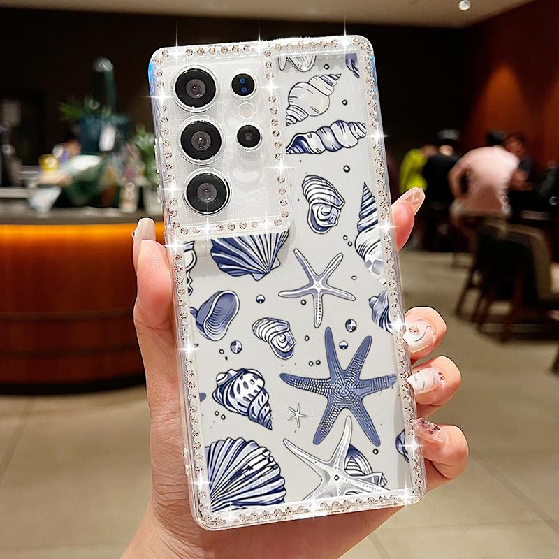 

Чехол для телефона Shark Conch Print, противоударный, для Samsung S25 Edge S24 FE S23 Ultra S22 A16 A56 A36 A15 A55 A35, ромбовидная рамка, прозрачный, мягкий, силиконовый чехол Samsung A35