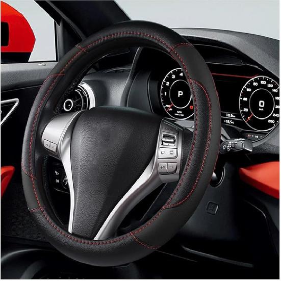 BELOMI Leather Car Steering Wheel Cover, Universal 15 Inch For Car Truck SUV, Non-Slip And Breathable, Sport Style Design Odorless Steering Wheel