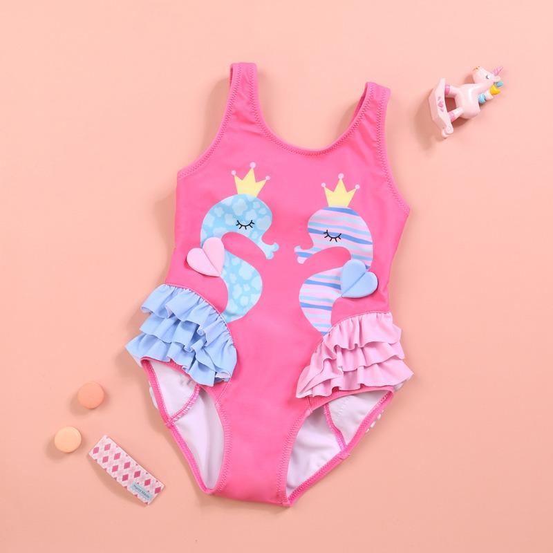 New high-elastic girls one-piece swimsuit cartoon ruffle leaf edge year-old comfortable and quick-drying S/90 темно-розовый
